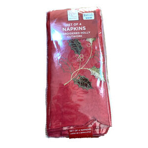 NEW Embroidered Christmas Holiday Cloth Napkins (4) Red Green Gold Holly Cutwork